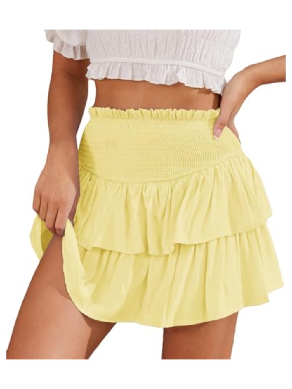 Women's Tiered Ruffle Mini Skirt Elastic High Waist Shorts Underneath